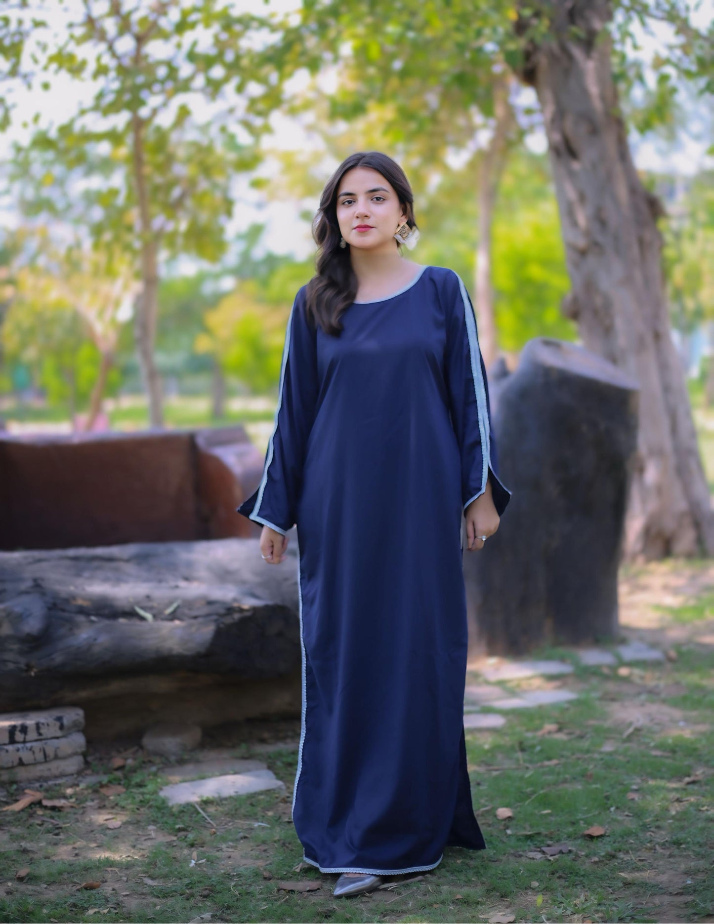 Azal β Navy Blue Long Dress with White Lace Detailing | Zyphoria