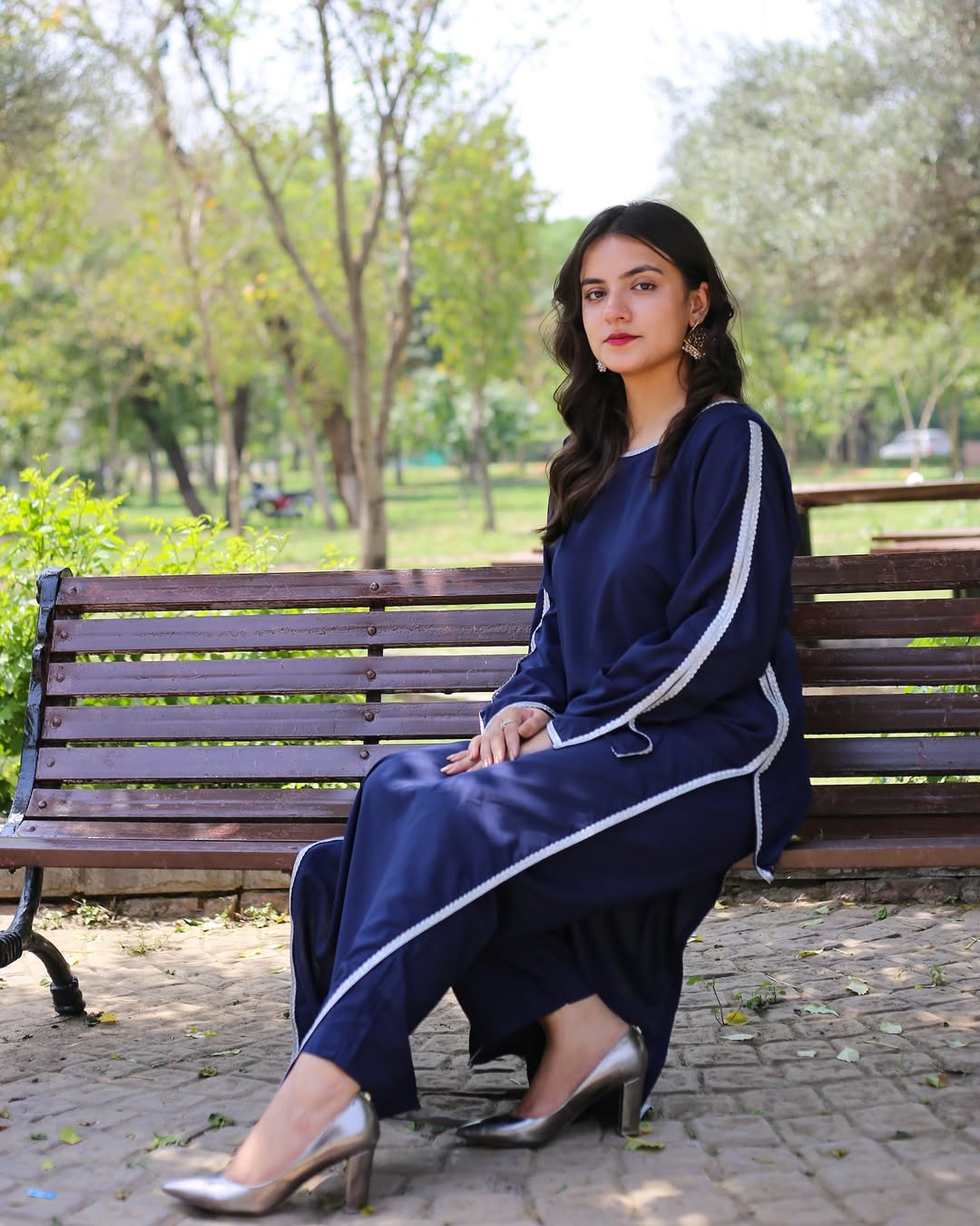 Azal β Navy Blue Long Dress with White Lace Detailing | Zyphoria