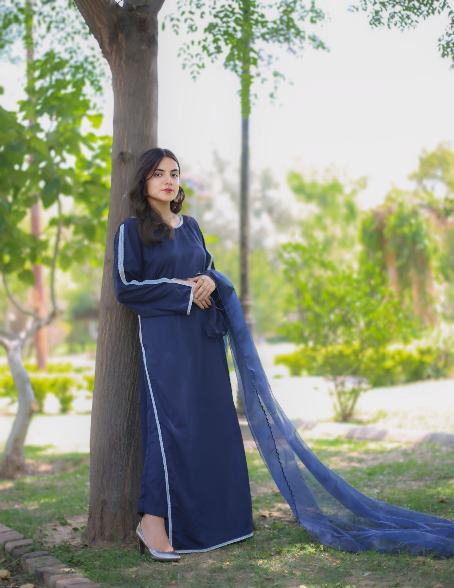 Azal – Navy Blue Long Dress with White Lace Detailing | Zyphoria