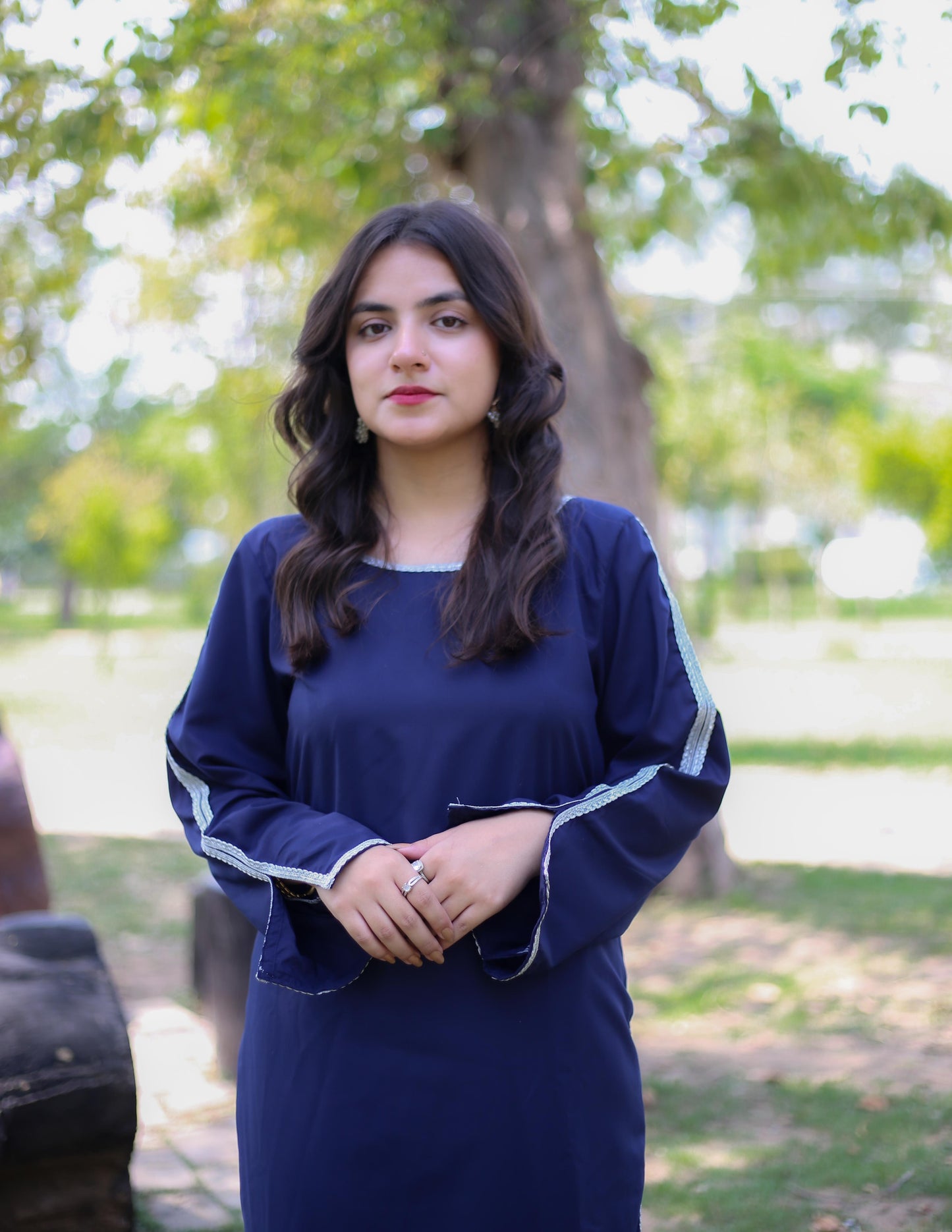 Azal – Navy Blue Long Dress with White Lace Detailing | Zyphoria